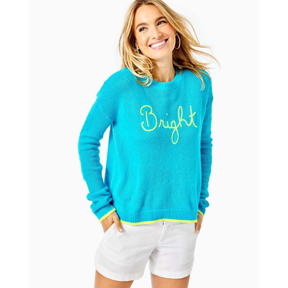 Lilly Pulitzer Charlton Bright Turquoise Blue Yellow Script Crewneck Sweater XS